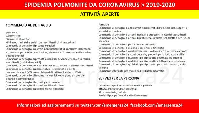 Coronavirus: elenco ATTIVITA' APERTE (DPCM 11/03/2020)
