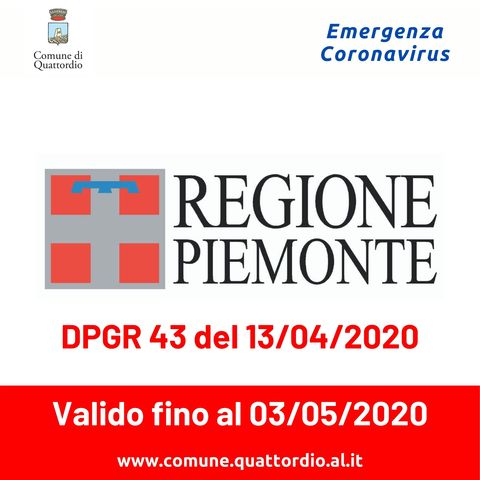 Coronavirus: Decreto Presidente Giunta Regione Piemonte 43/2020