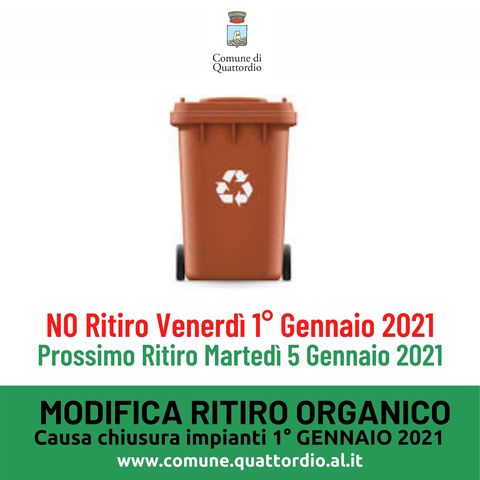 NO RACCOLTA rifiuti organici Venerdì 1° Gennaio 2021