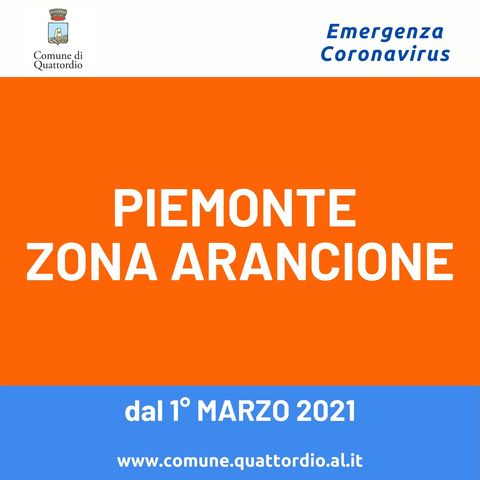 Coronavirus: Piemonte ZONA ARANCIONE dal 01/03/2021