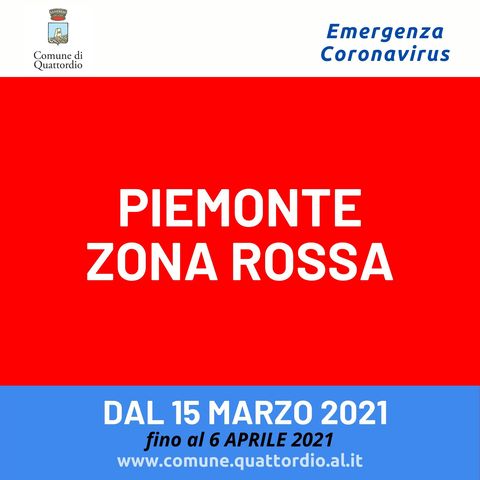 Coronavirus: Piemonte ZONA ROSSA dal 15/03/2021