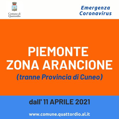 Coronavirus: Piemonte (ad eccezione di Cuneo) ZONA ARANCIONE dal 11/04/2021